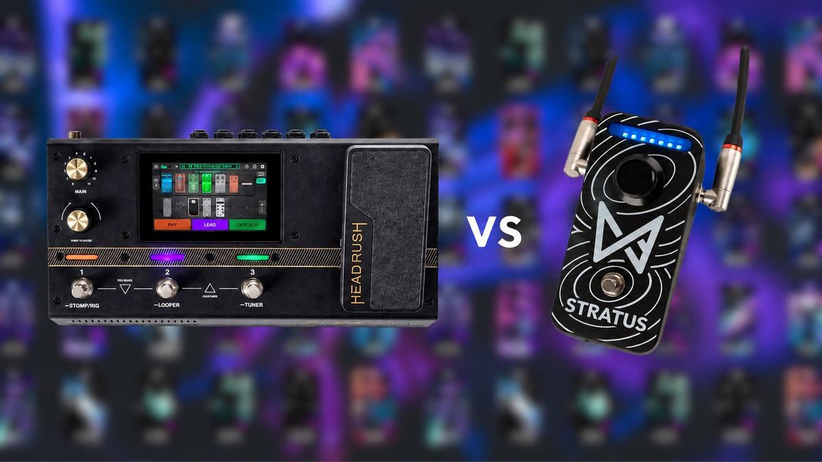 Stratus vs HeadRush Flex Prime on a purple comparison background; display sizes adjusted, not to physical scale.