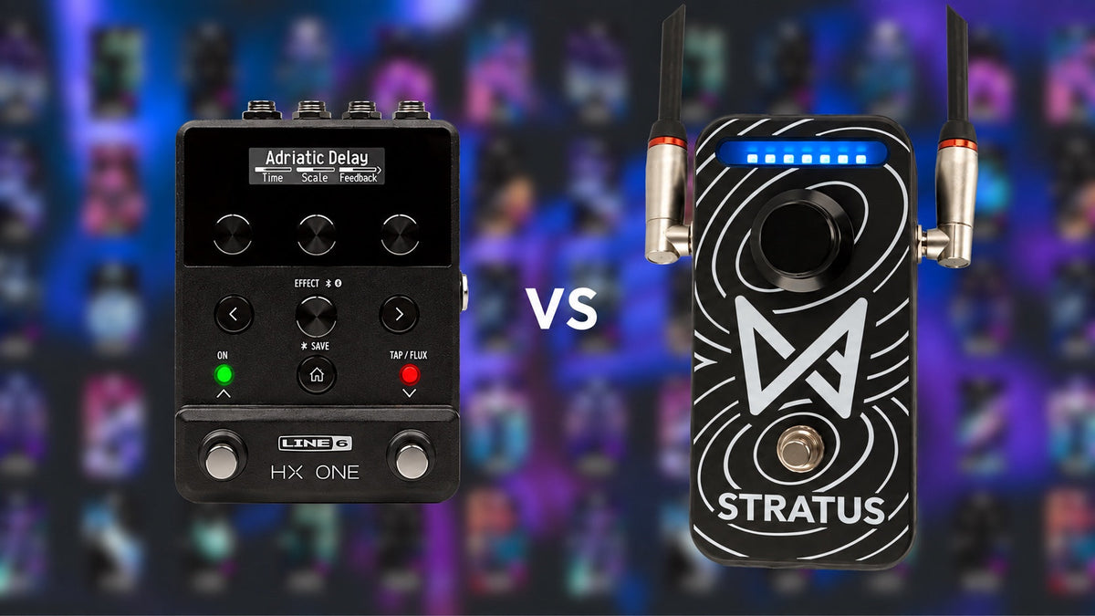 Line 6 HX One and Chaos Audio Stratus on a purple comparison background; display sizes adjusted, not to physical scale.