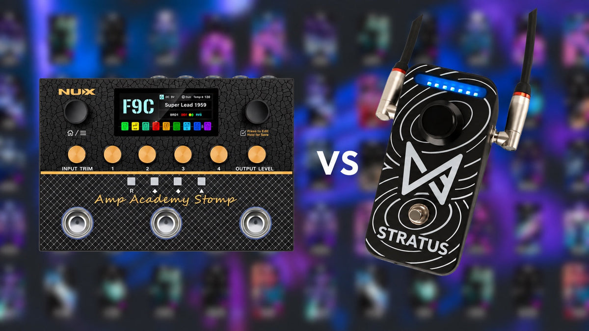 Stratus vs NUX Amp Academy Stomp on a purple comparison background; display sizes adjusted, not to physical scale.