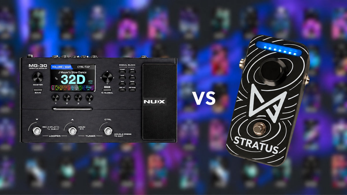 Stratus vs NUX MG-30 on a purple comparison background; display sizes adjusted, not to physical scale.