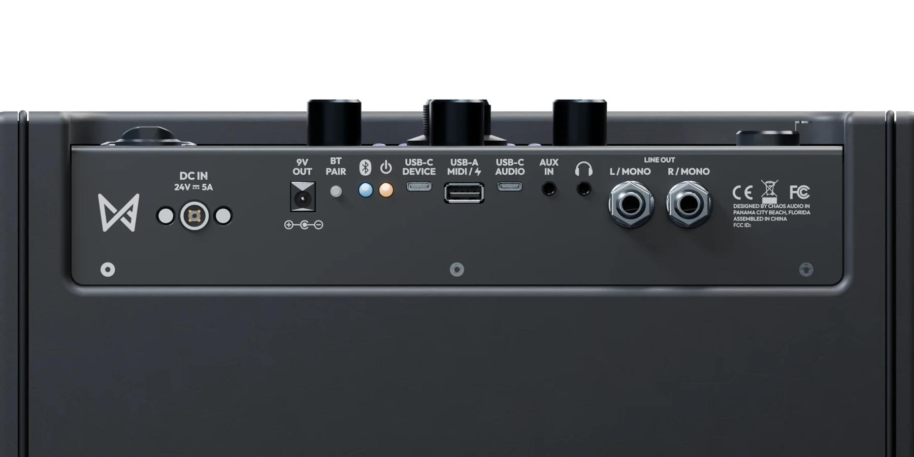 Nimbus top control panel with input connectors, output ports and knobs