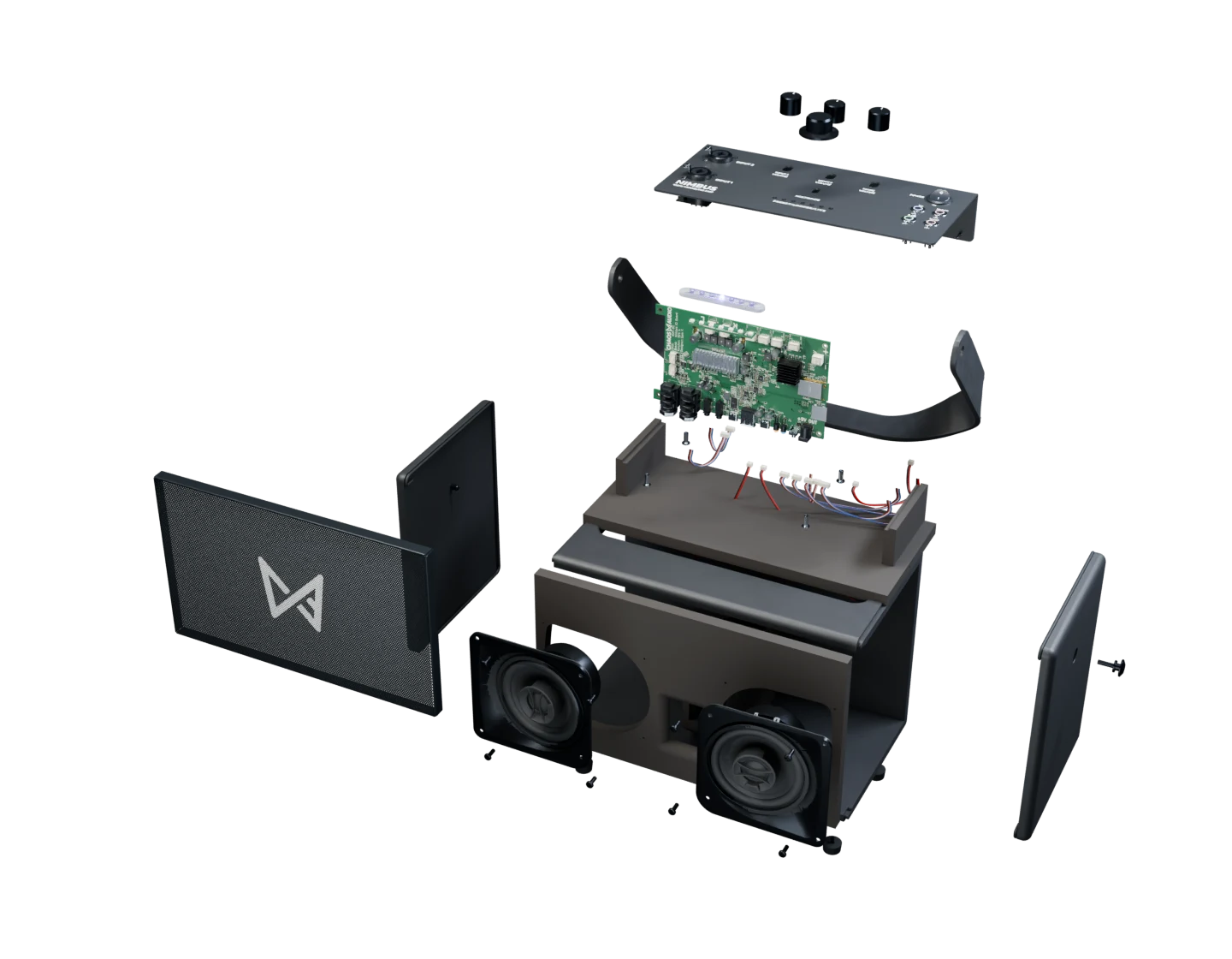 Exploded Nimbus assembly showing the cabinet, speaker baffle and electronics