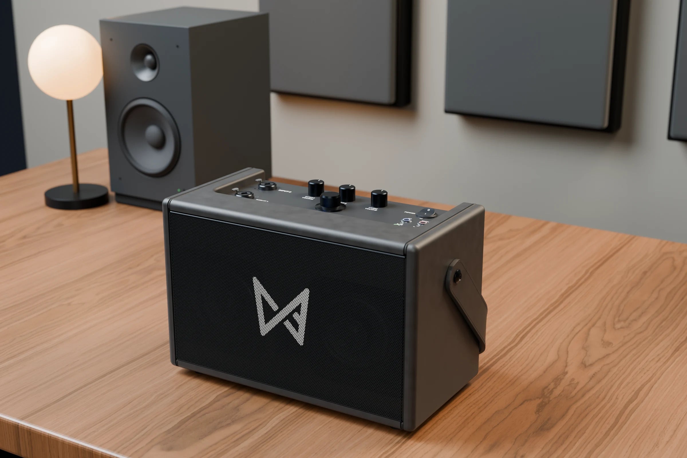 Nimbus on a wooden desk in a warmly lit music studio, a product visualization
